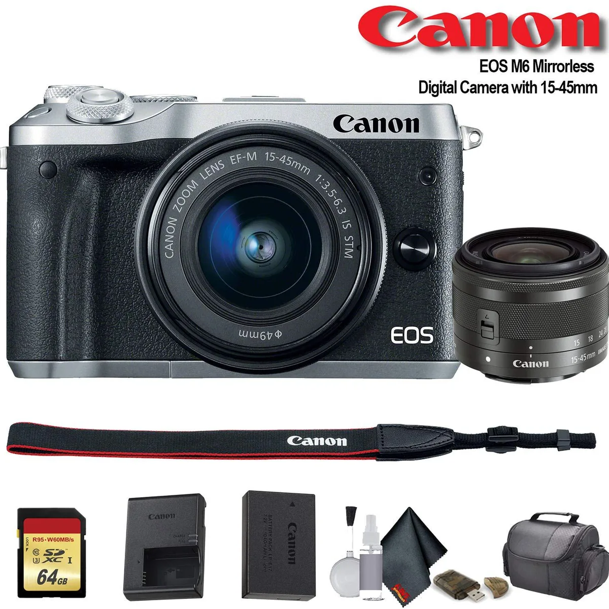 Canon International Canon International EOS M6 Mirrorless Camera 15-45mm Kit Silver 64GB Bundle 1725C011 — product photo