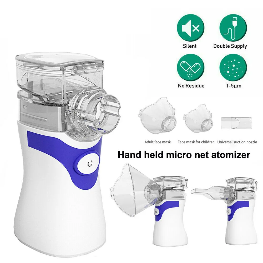 White handheld nebulizer with rounded body and mouthpiece attached