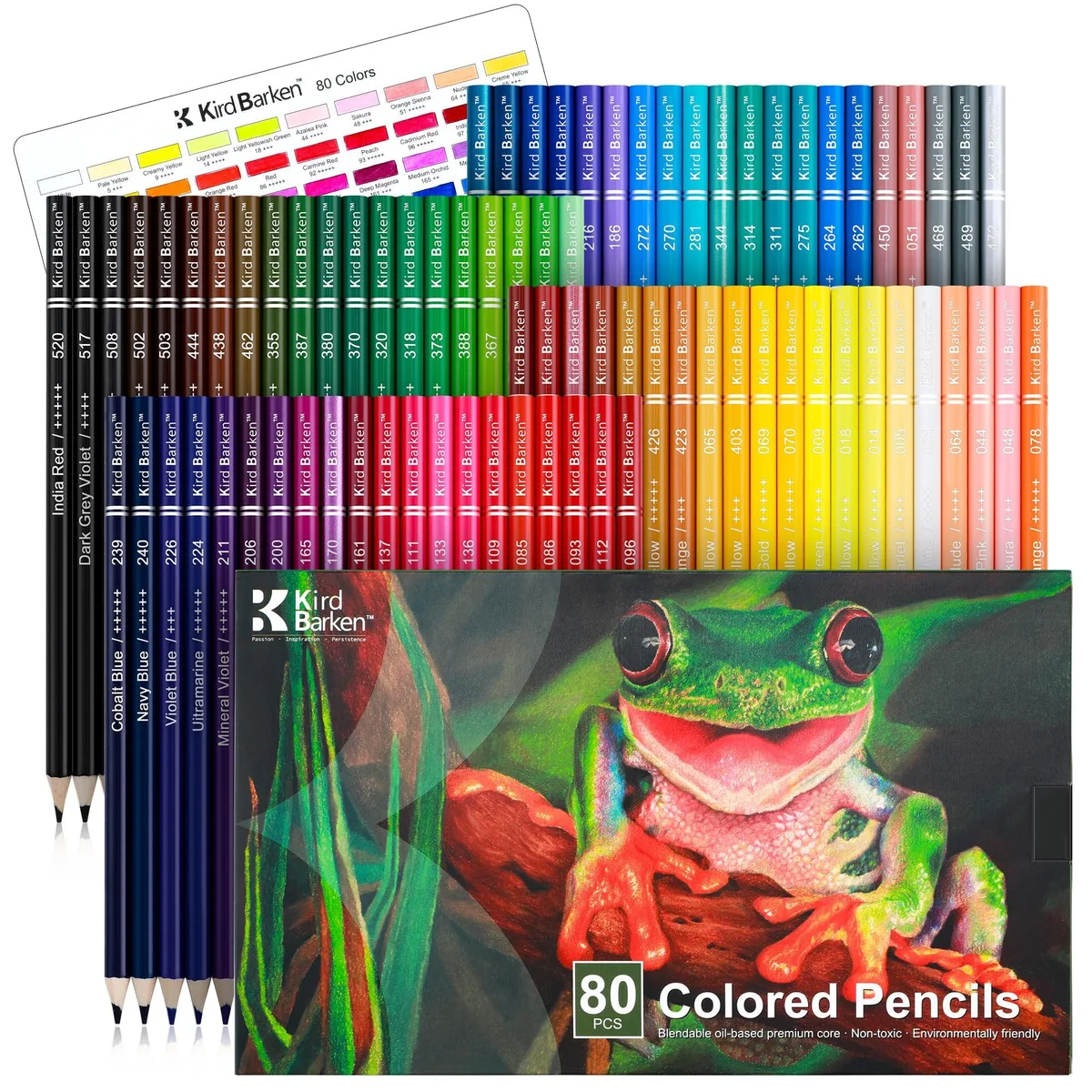 Wooden box holding 80 oil-based colored pencils in multi-color arrangement