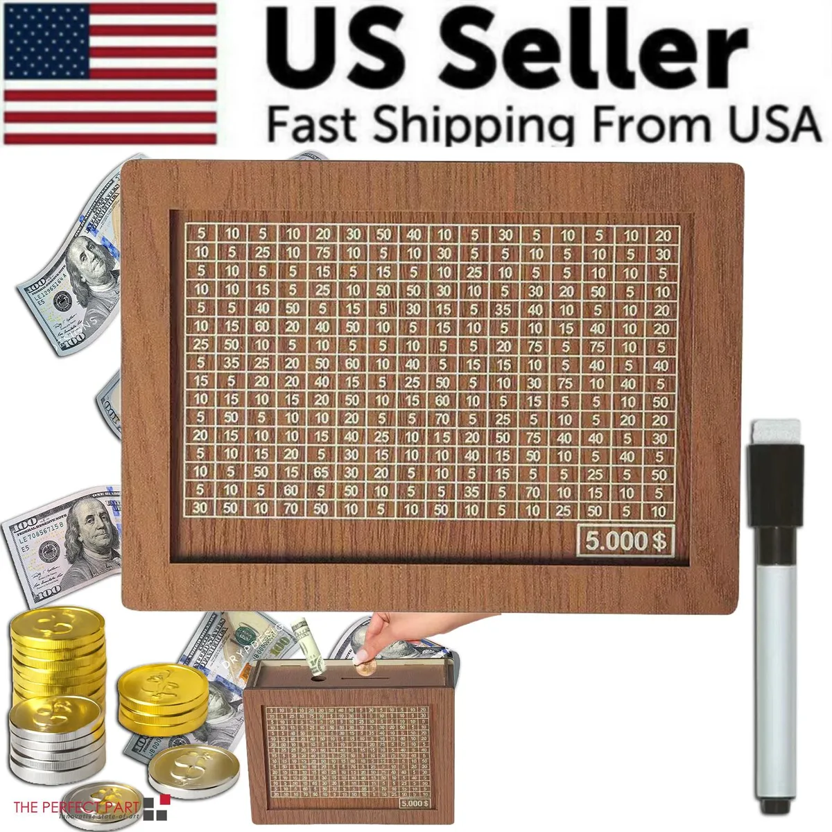 The Perfect Part The Perfect Part Five Thousand Dollars Wooden Savings Challenge Box cash handling — product photo