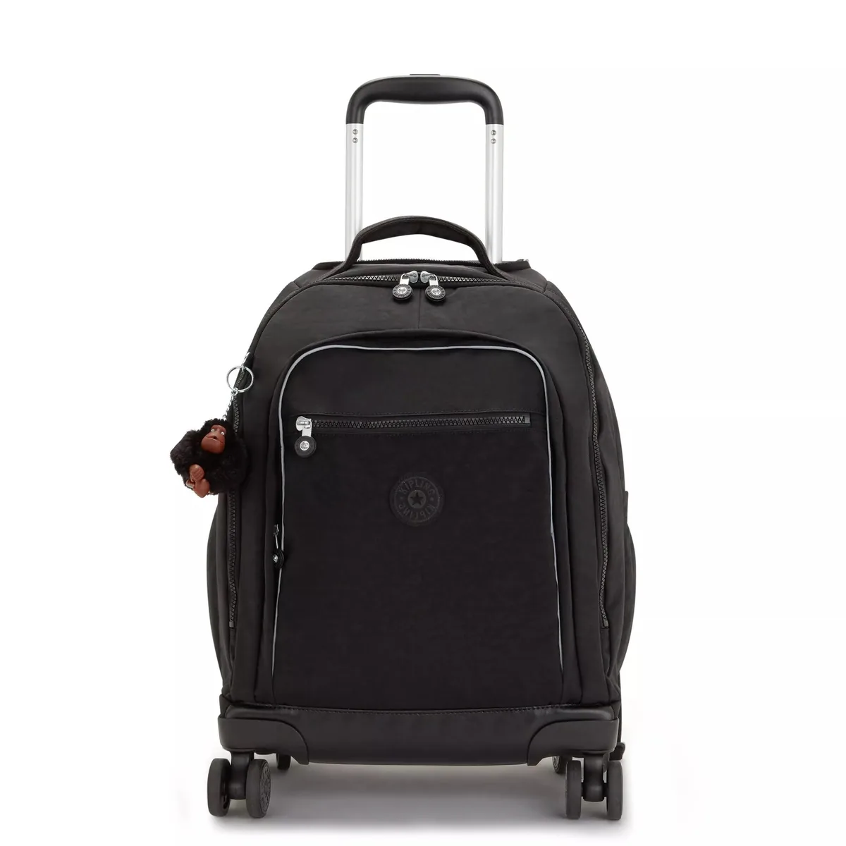 Black rolling backpack with spinner wheels and retractable handle, padded straps attached