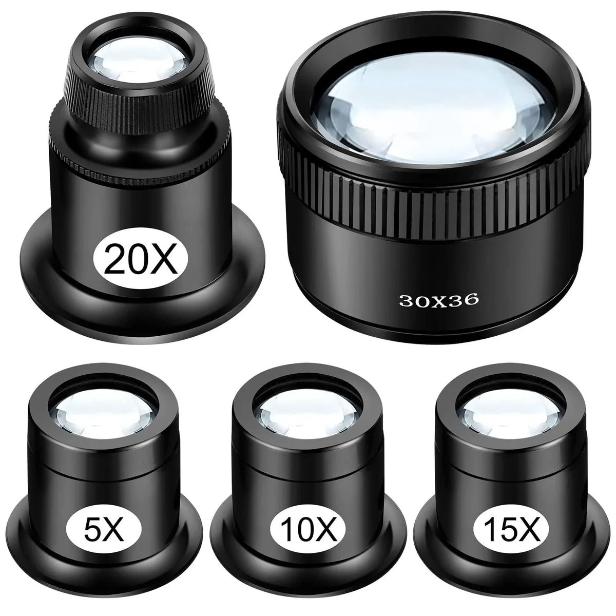 Five white plastic jeweller loupes with 5X to 30X magnification in a compact case
