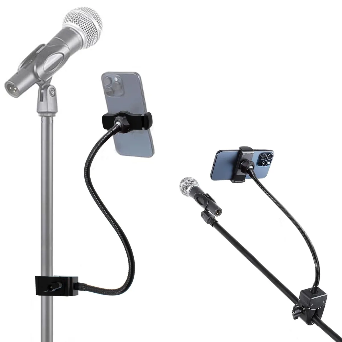Black flexible gooseneck phone mount with crab clamp base and 360° rotating holder