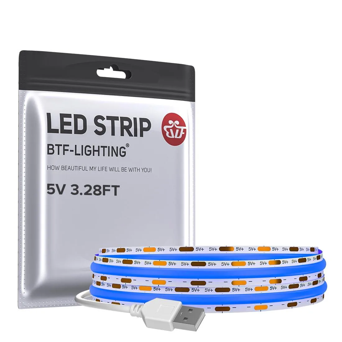  BTF-LIGHTING 3.28FT 320LEDs/m Blue USB COB LED Strip 8mm Under Cabinet — product photo