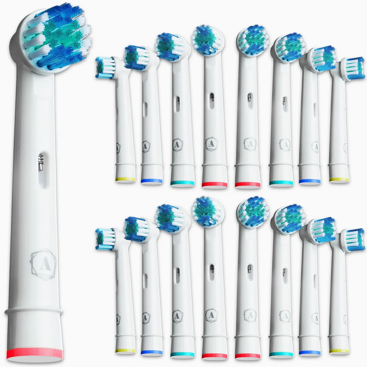 Sixteen round white brush heads with coloured rings in a rectangular pack