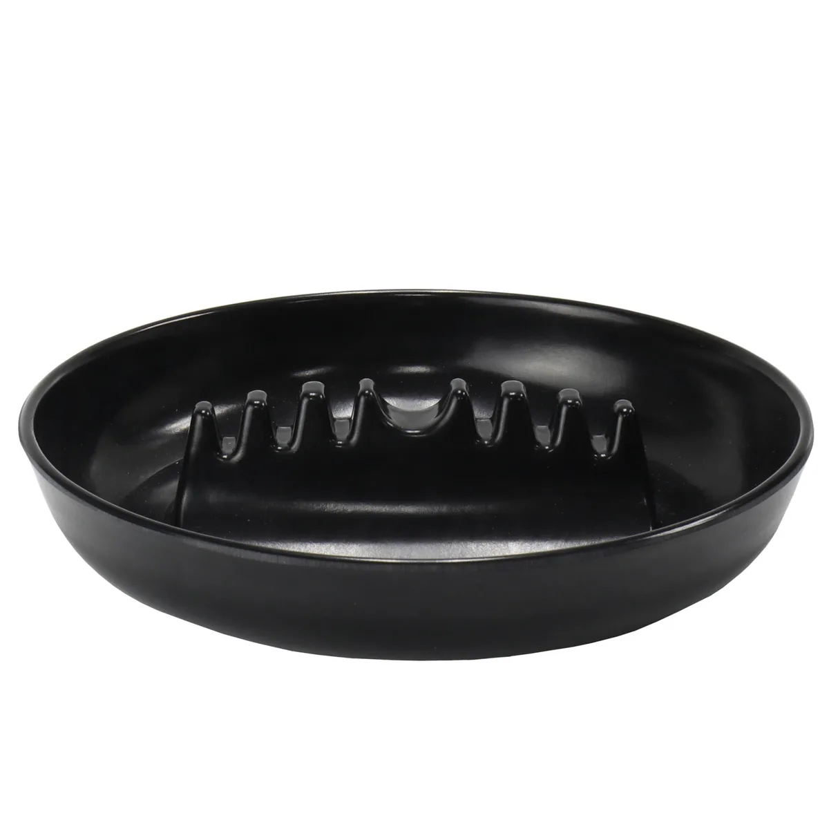 Round black melamine ashtray with seven grooves, 7 inches wide