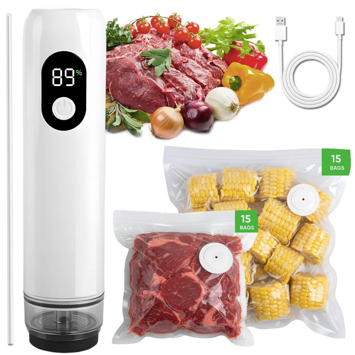 FoodSaver CH0007 handheld vacuum sealer with 30 reusable bags (15 M 8.3×8.7 in, 15 L 10.2×11.0 in) and 2 clips — product photo