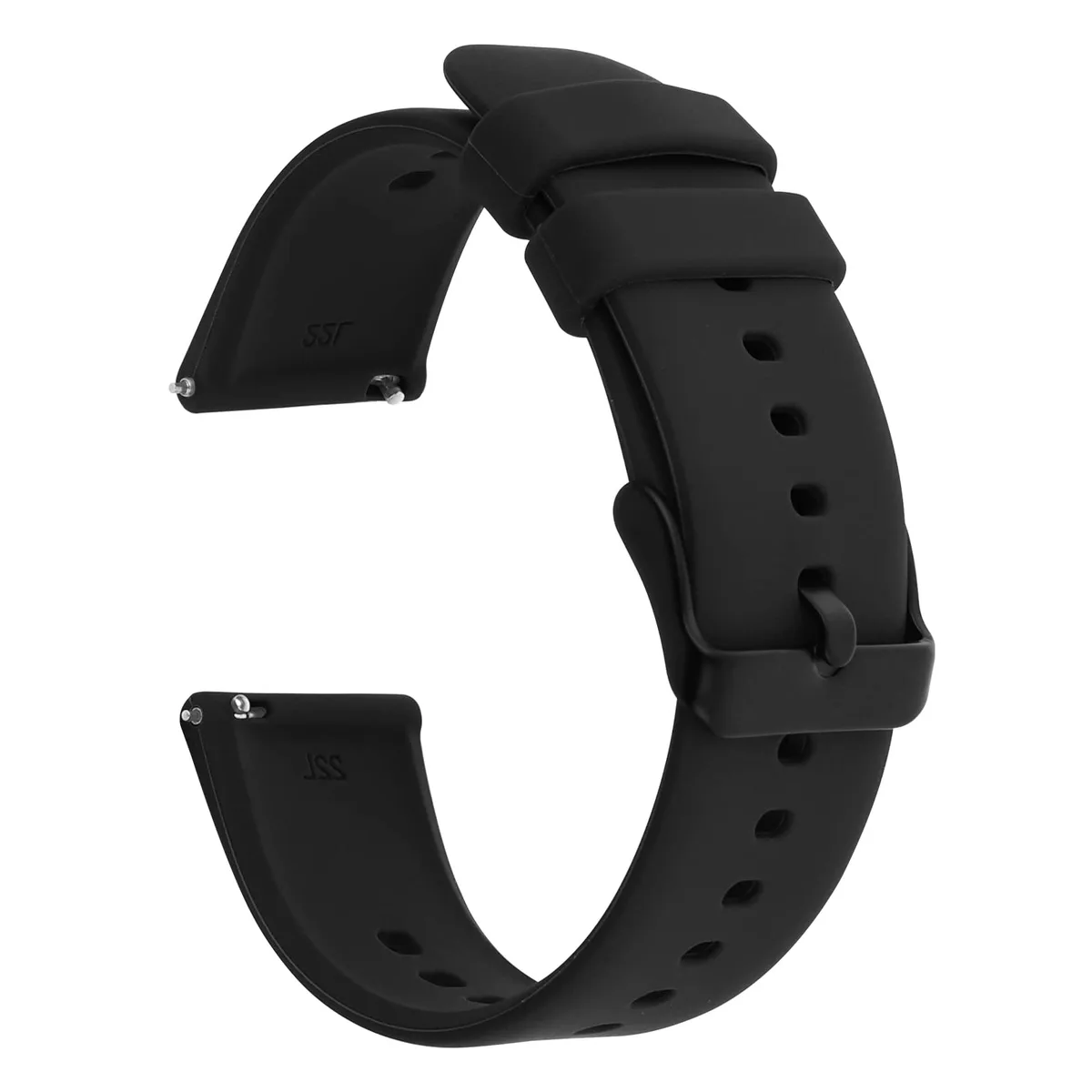 Black 22mm silicone watch strap with silver buckle