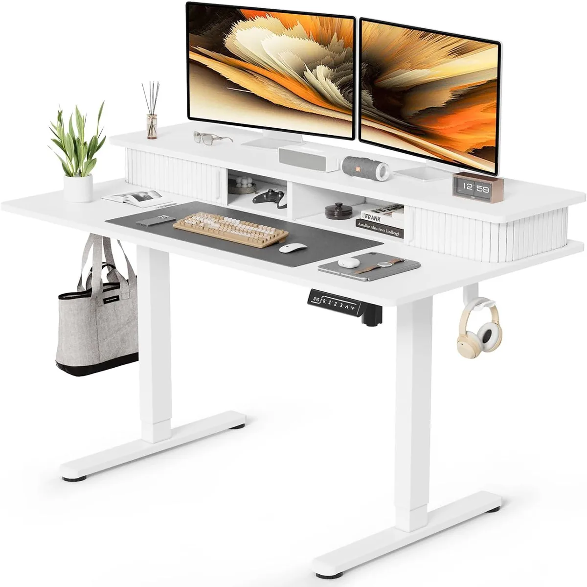 White electric standing desk with sliding-door storage shelves and side hooks