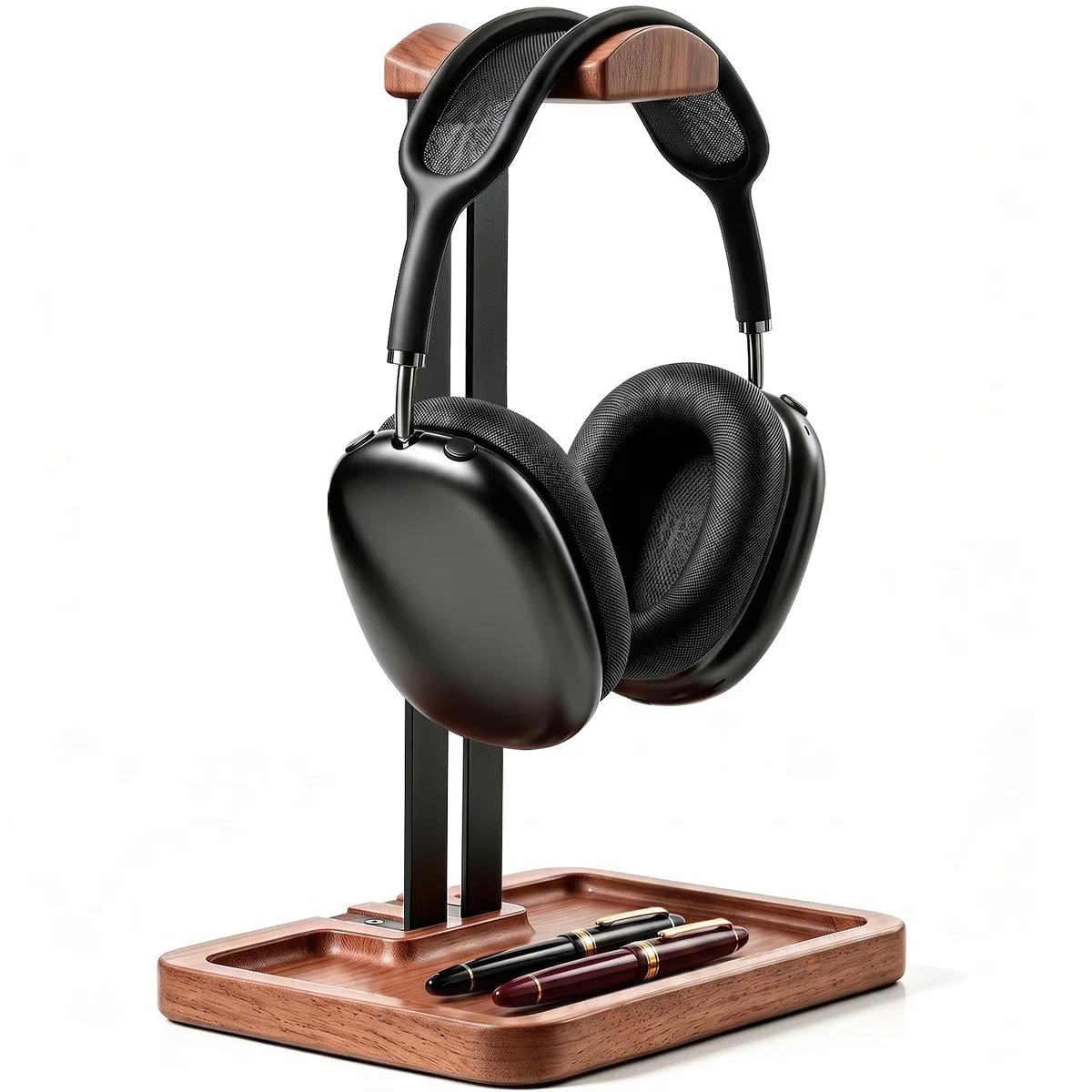 Walnut wooden headphone stand with curved metal arm and storage base