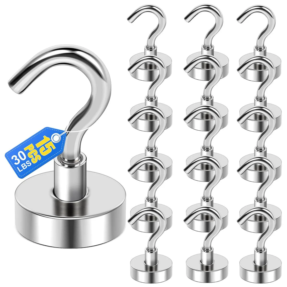 Fifteen silver magnetic hooks with shiny coated steel cups in a pack