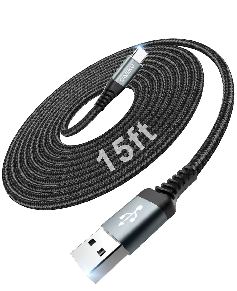 Black nylon-braided USB-A to USB-C cable, 15 ft long with metal connectors
