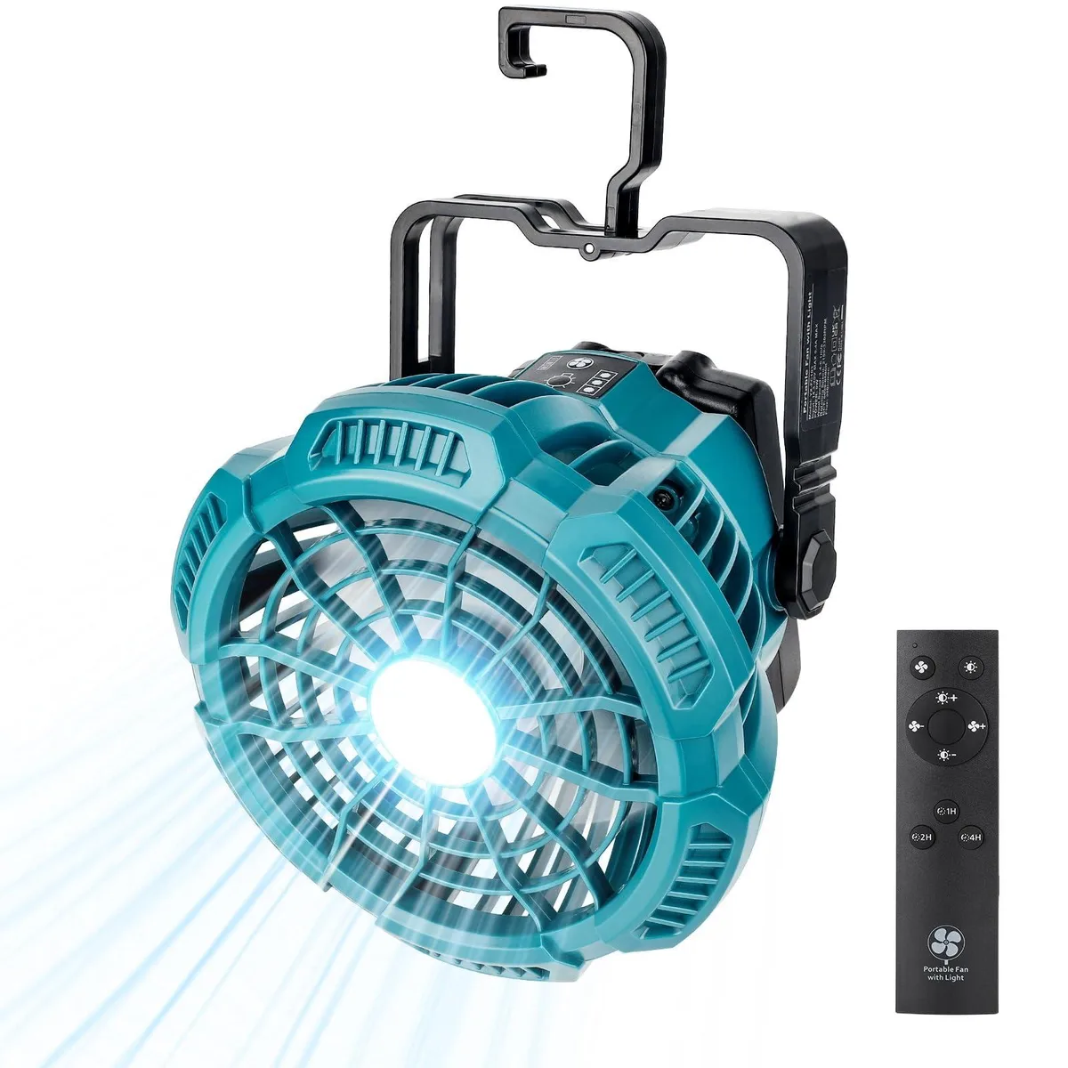 Silver portable fan with LED light, five blades, hook and remote
