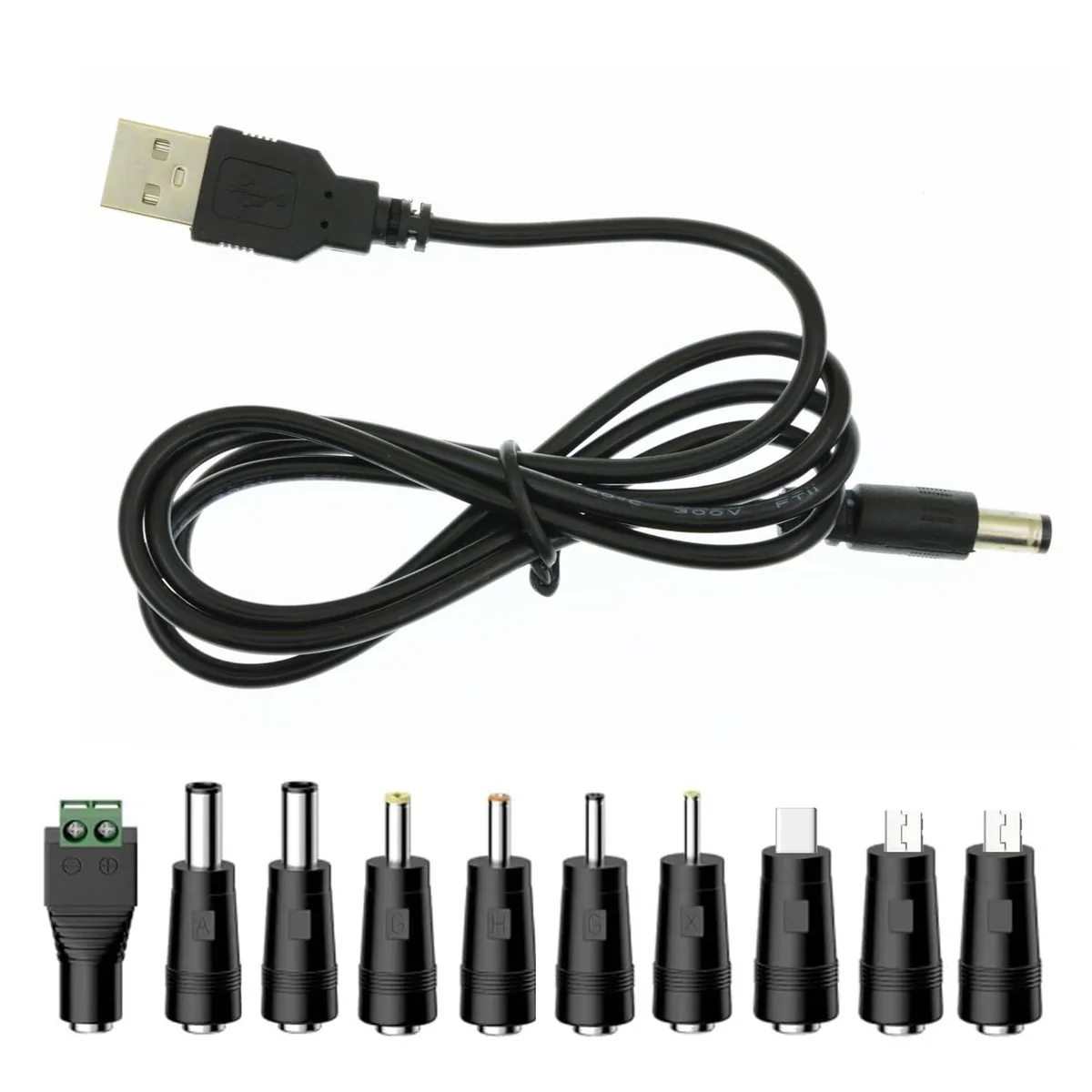  YiKaiEn 5V 2A USB to DC 5.5x2.1mm Cable 11 Tips 1m Black — product photo
