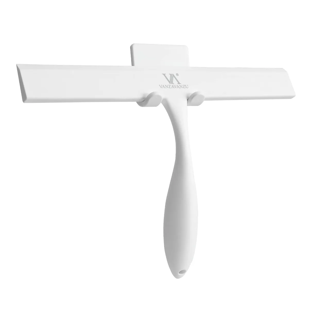 White 11-inch silicone shower squeegee with ergonomic handle and adhesive hook