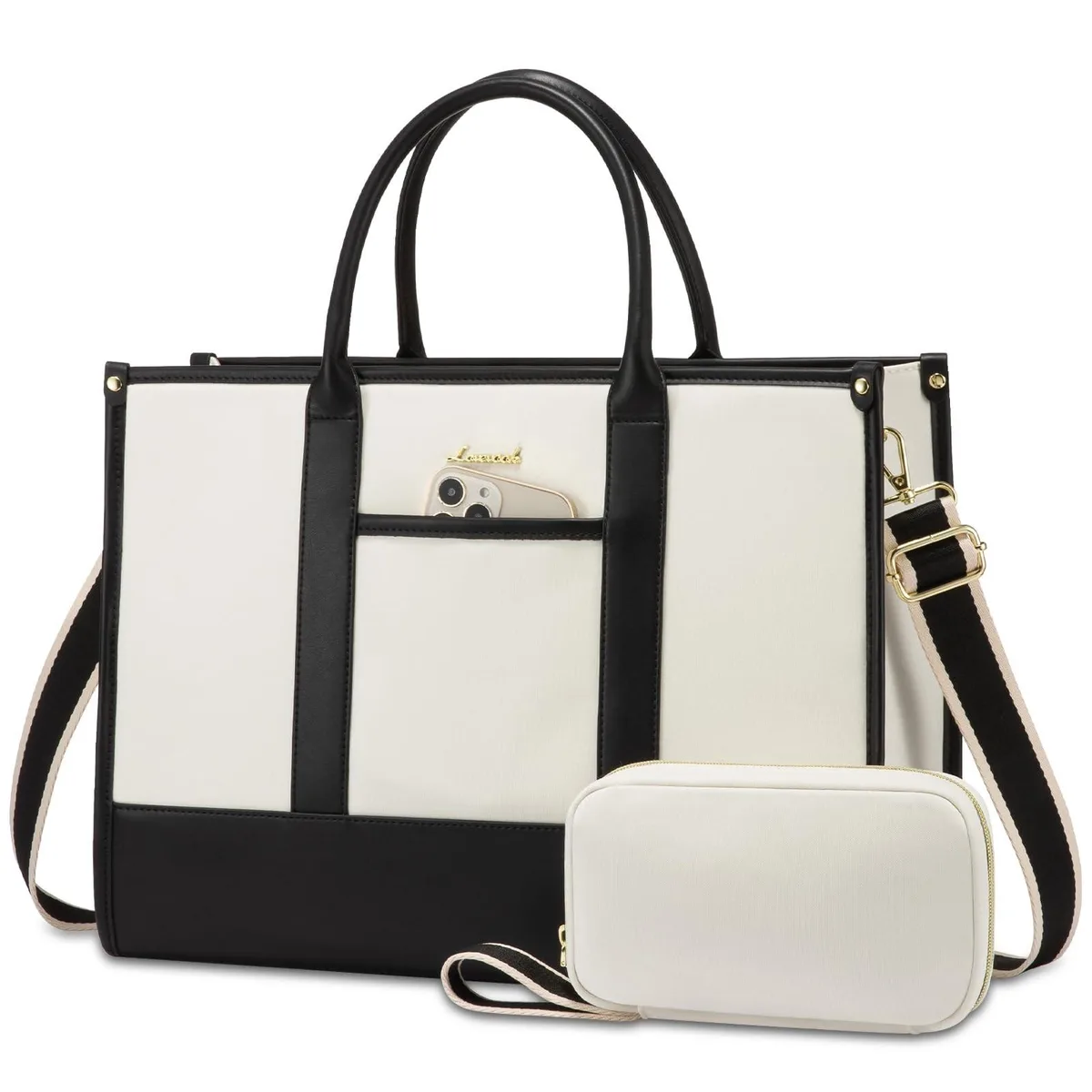 Beige and black laptop tote bag with padded 17.3 inch compartment and detachable shoulder strap