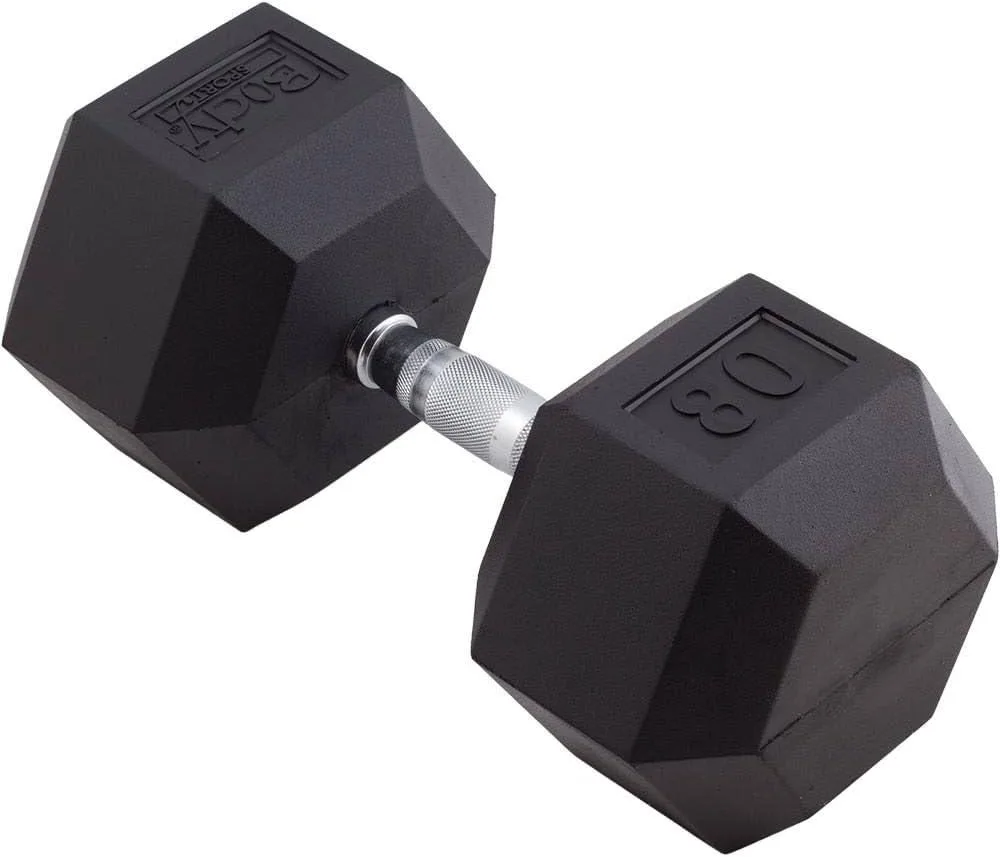 Single hex dumbbell with rubber-coated heads and knurled chrome handle
