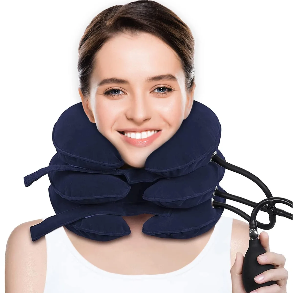 Blue inflatable cervical traction brace with three air chambers and dual Velcro straps