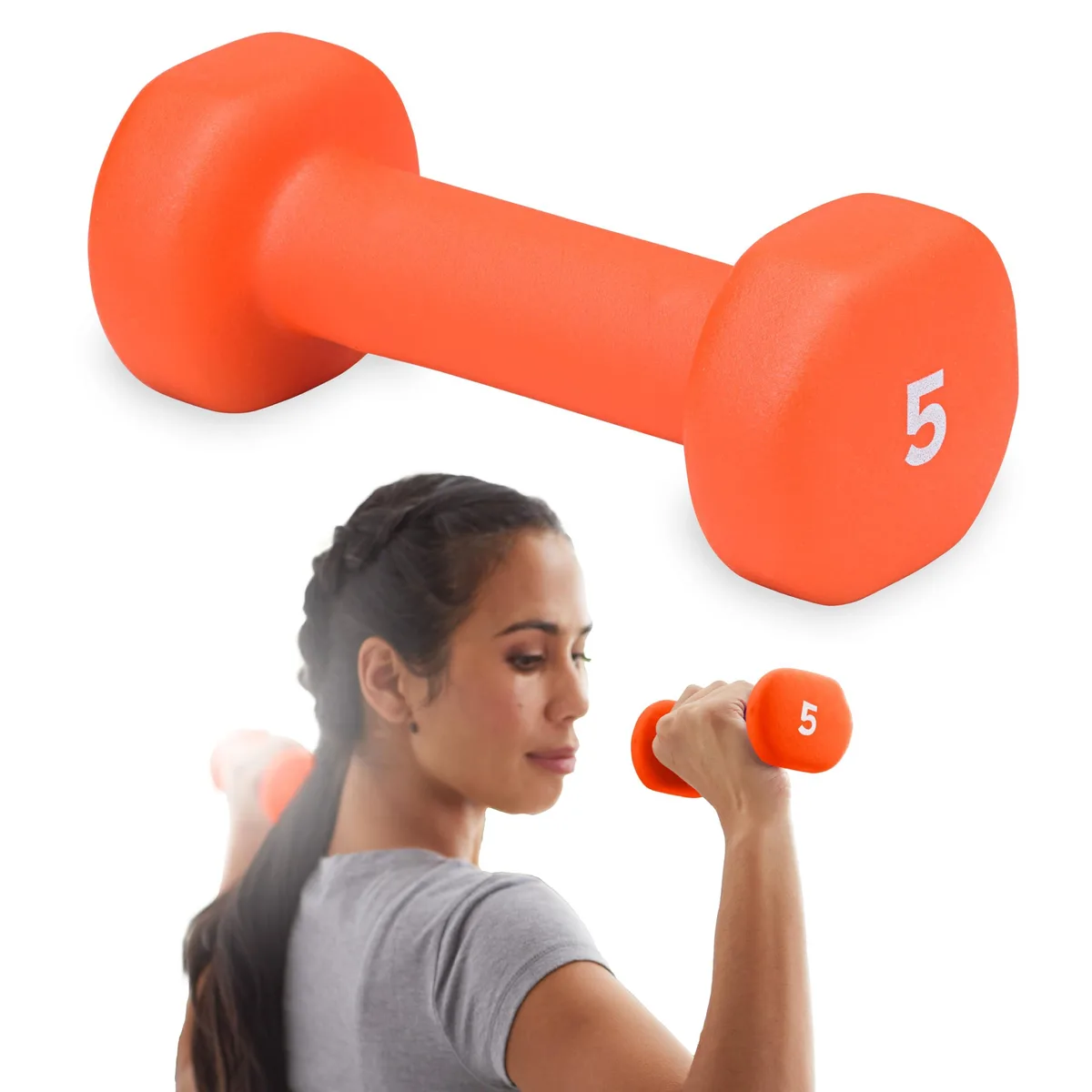 Single orange neoprene-coated hexagonal dumbbell with flat ends