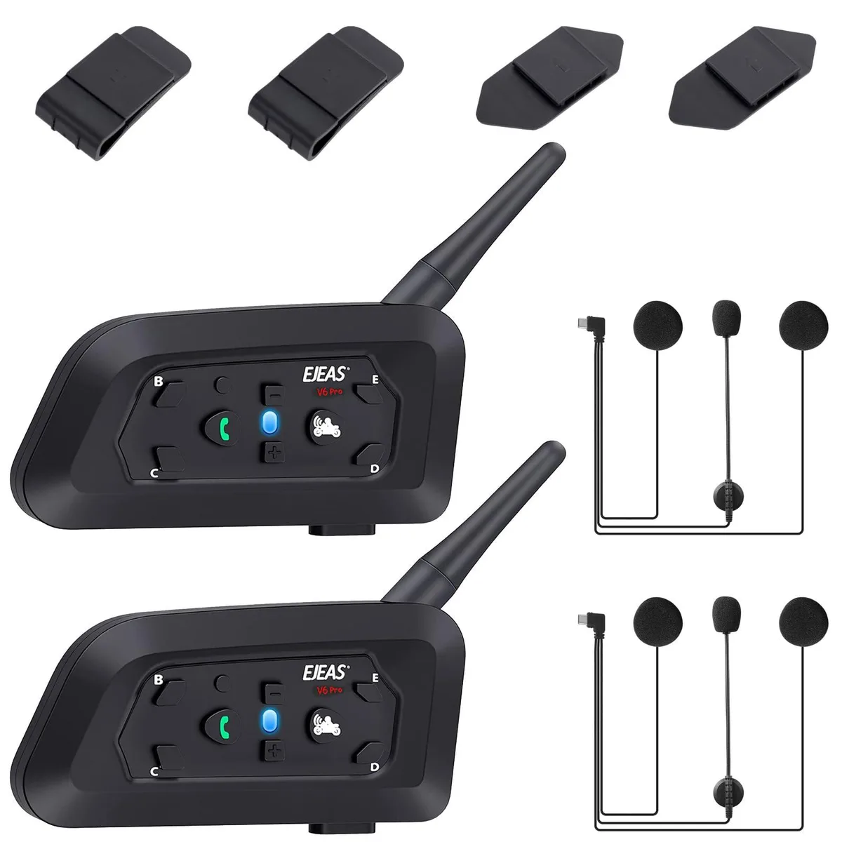 Two black single-ear headsets with boom microphones and helmet clamps, matte finish