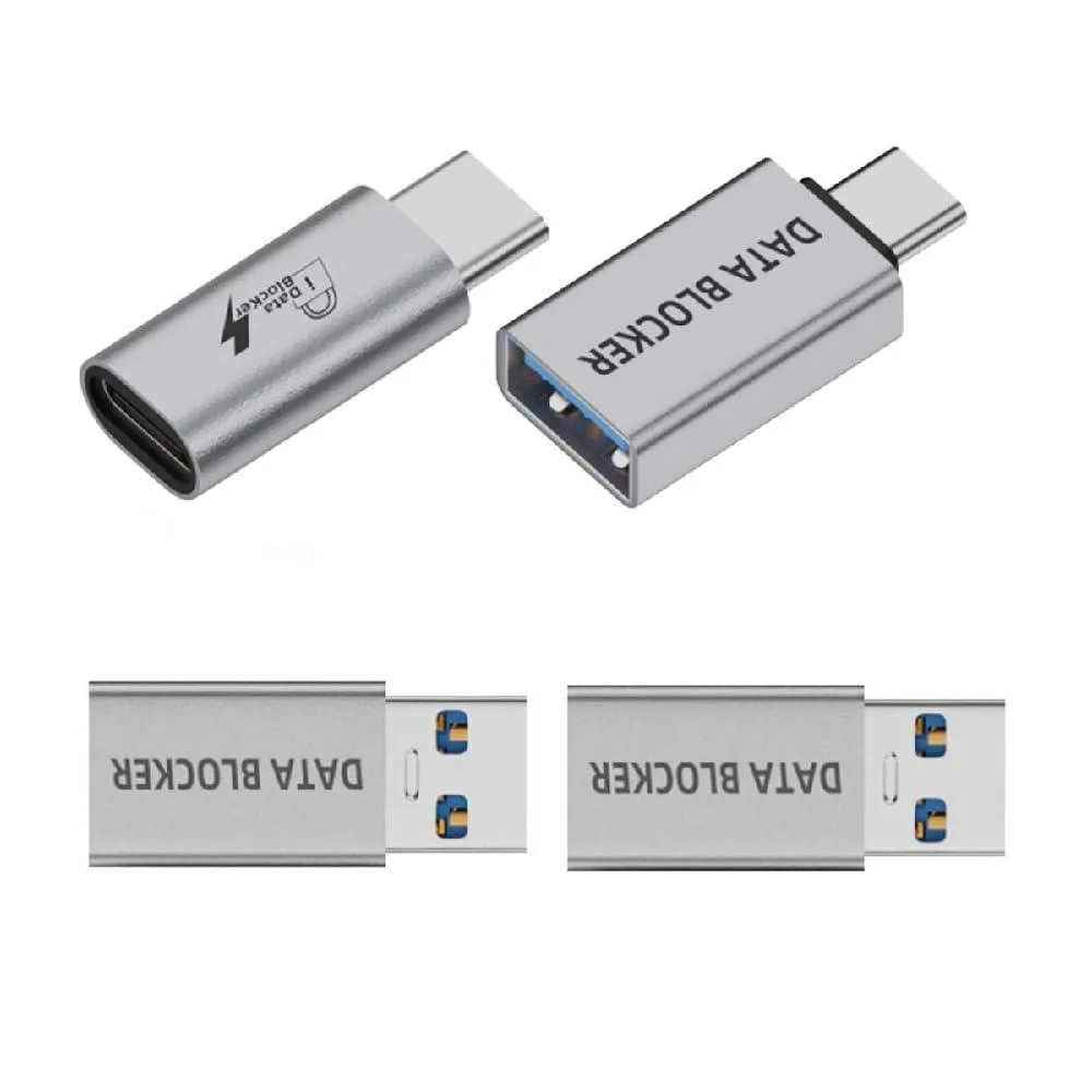 Four small USB data blocker adapters with mixed Type-A and Type-C connectors