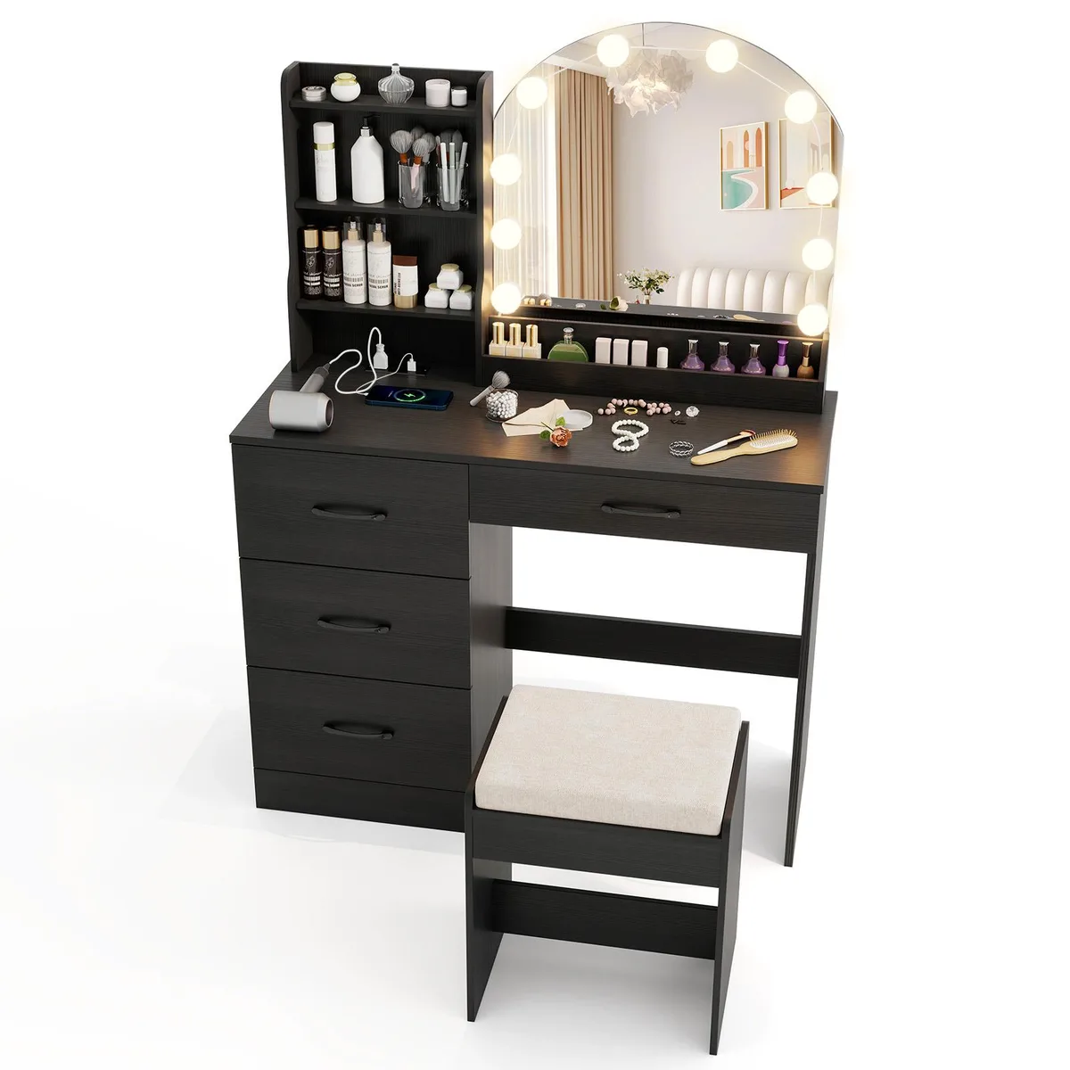 Black vanity desk with lighted mirror and matching stool