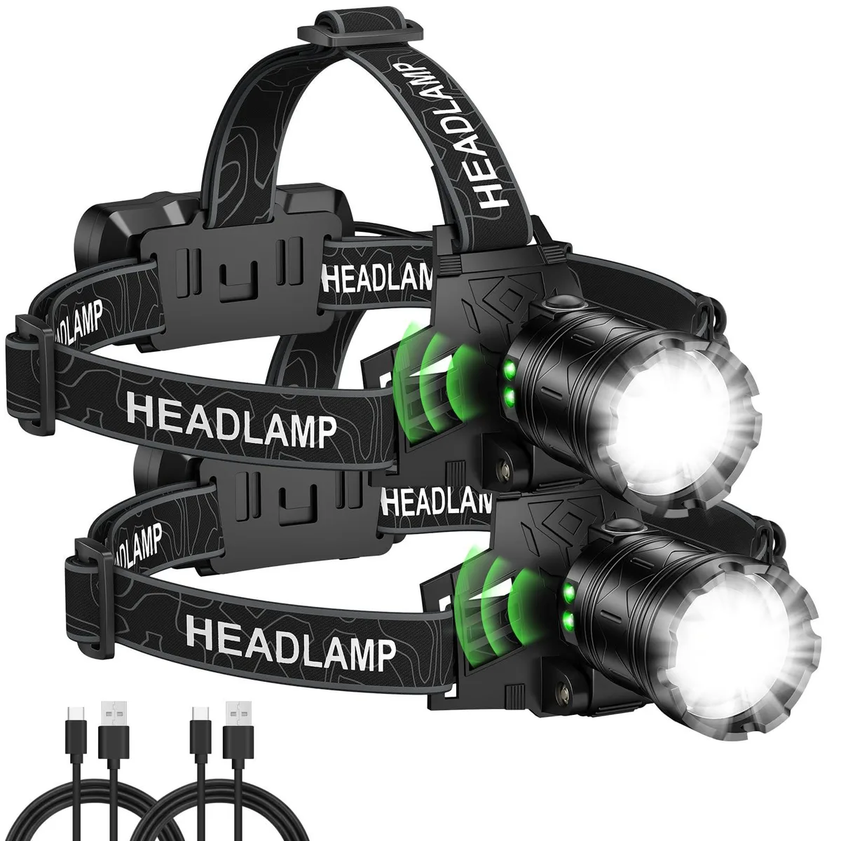 Two silver aluminium headlamps with adjustable straps and 90° tilting heads