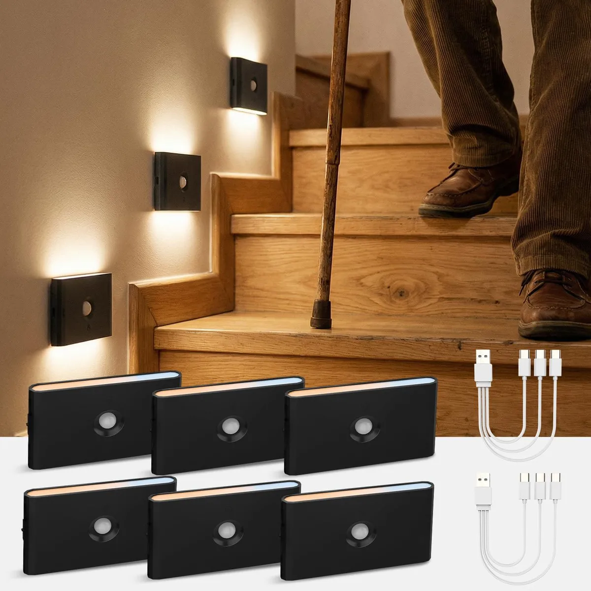 Six white rectangular LED stair lights with clear prismatic faces and magnetic backs