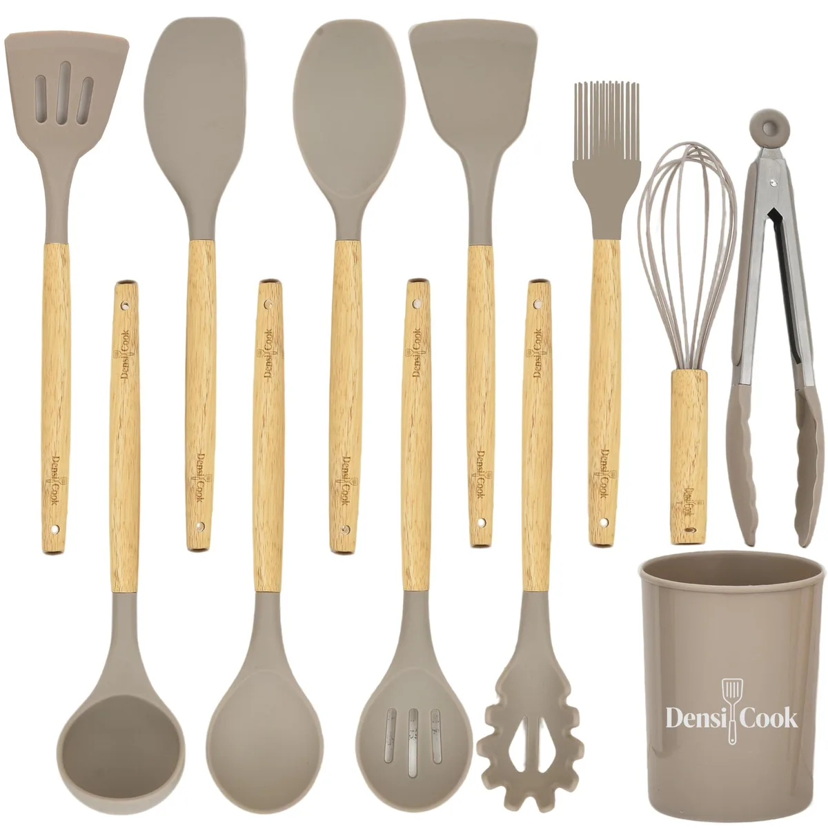 Khaki 12-piece silicone cooking utensil set with holder
