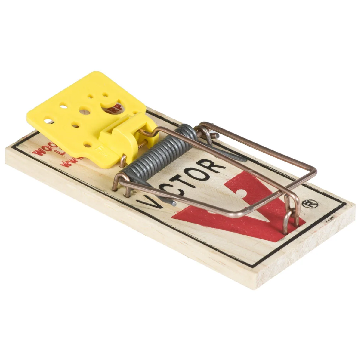 Four wooden snap traps with yellow plastic cheese pedals