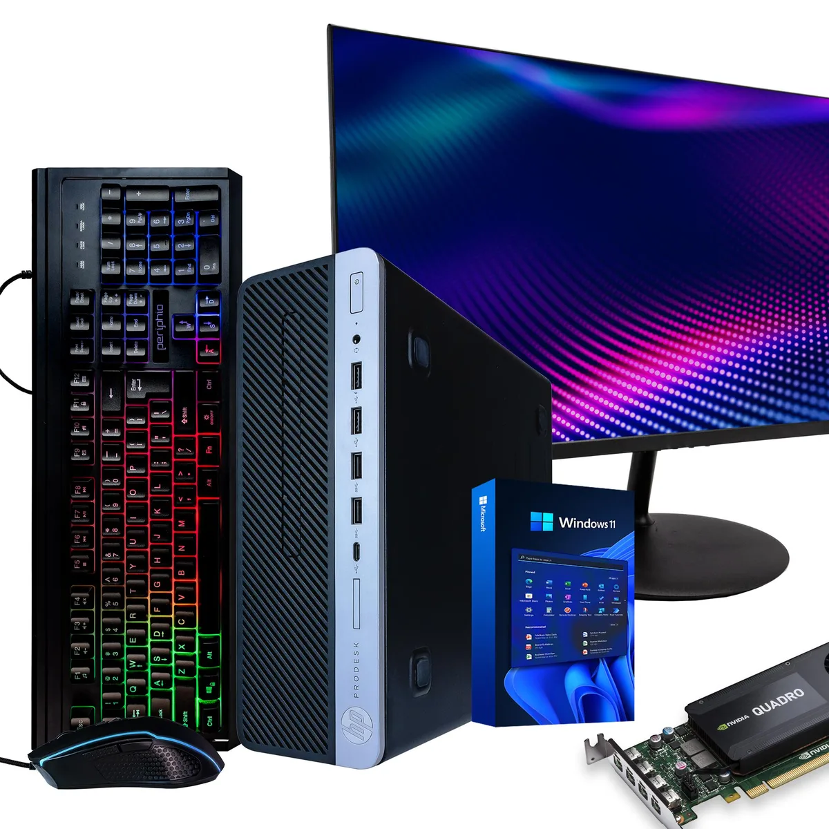 HP HP ProDesk 600G4 desktop PC, i5-8500, 32GB DDR4, 1TB SSD + 4TB HDD, Quadro K1200, 22in monitor, Win 11 Pro — product photo