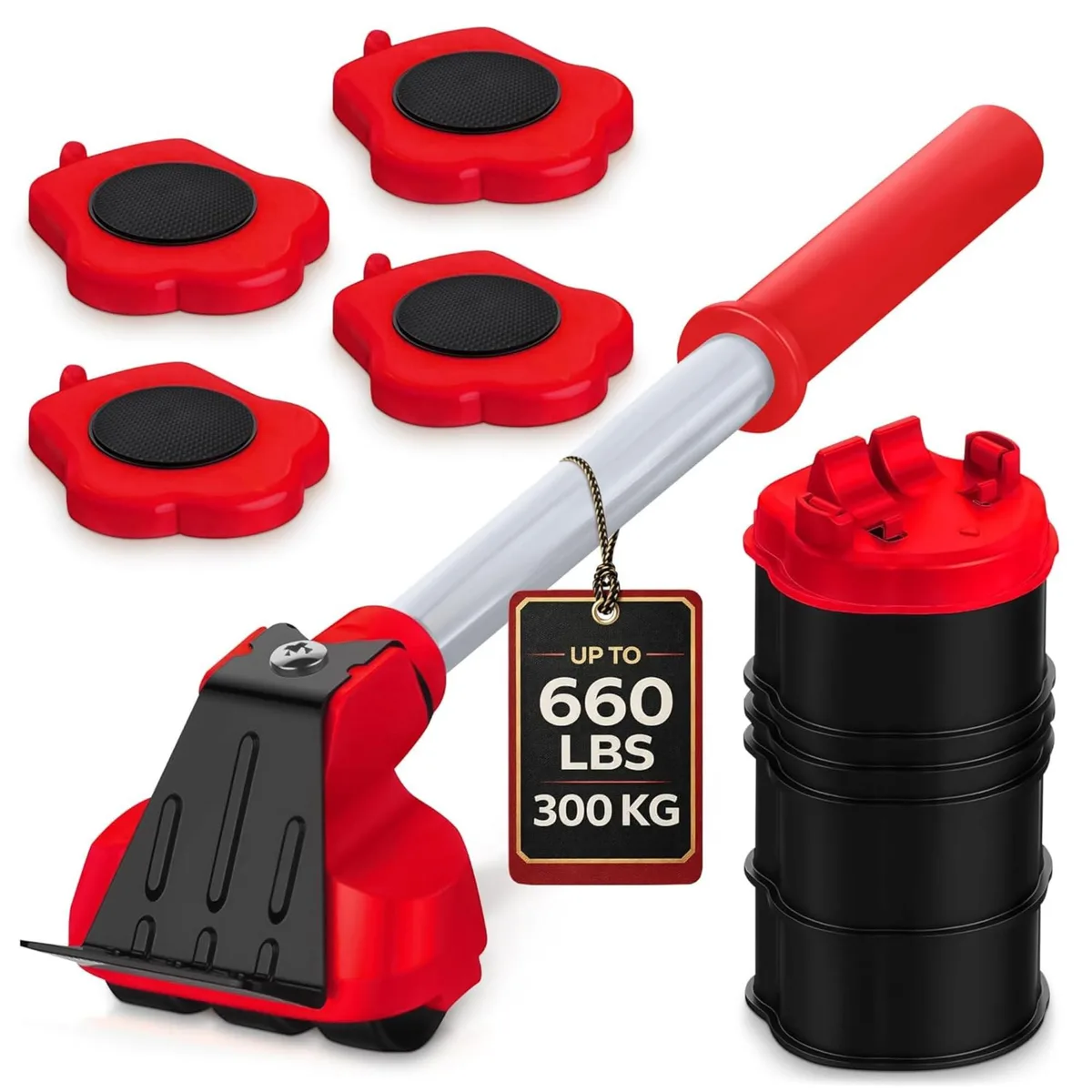 Red iron lever lifter with four wheeled sliders and extension pieces on a flat surface