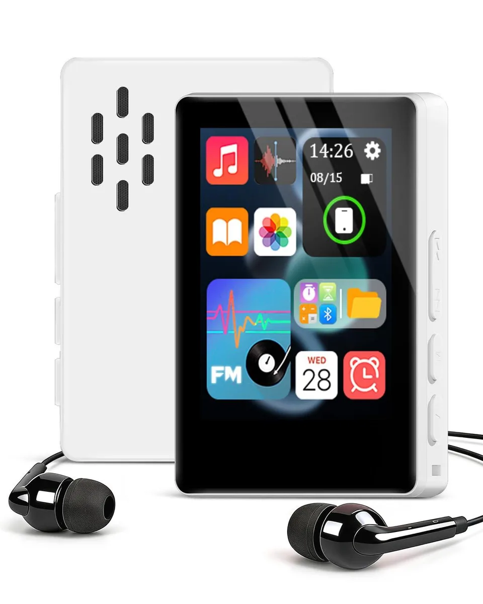 White rectangular MP3 player with 2.4 inch OLED touch screen