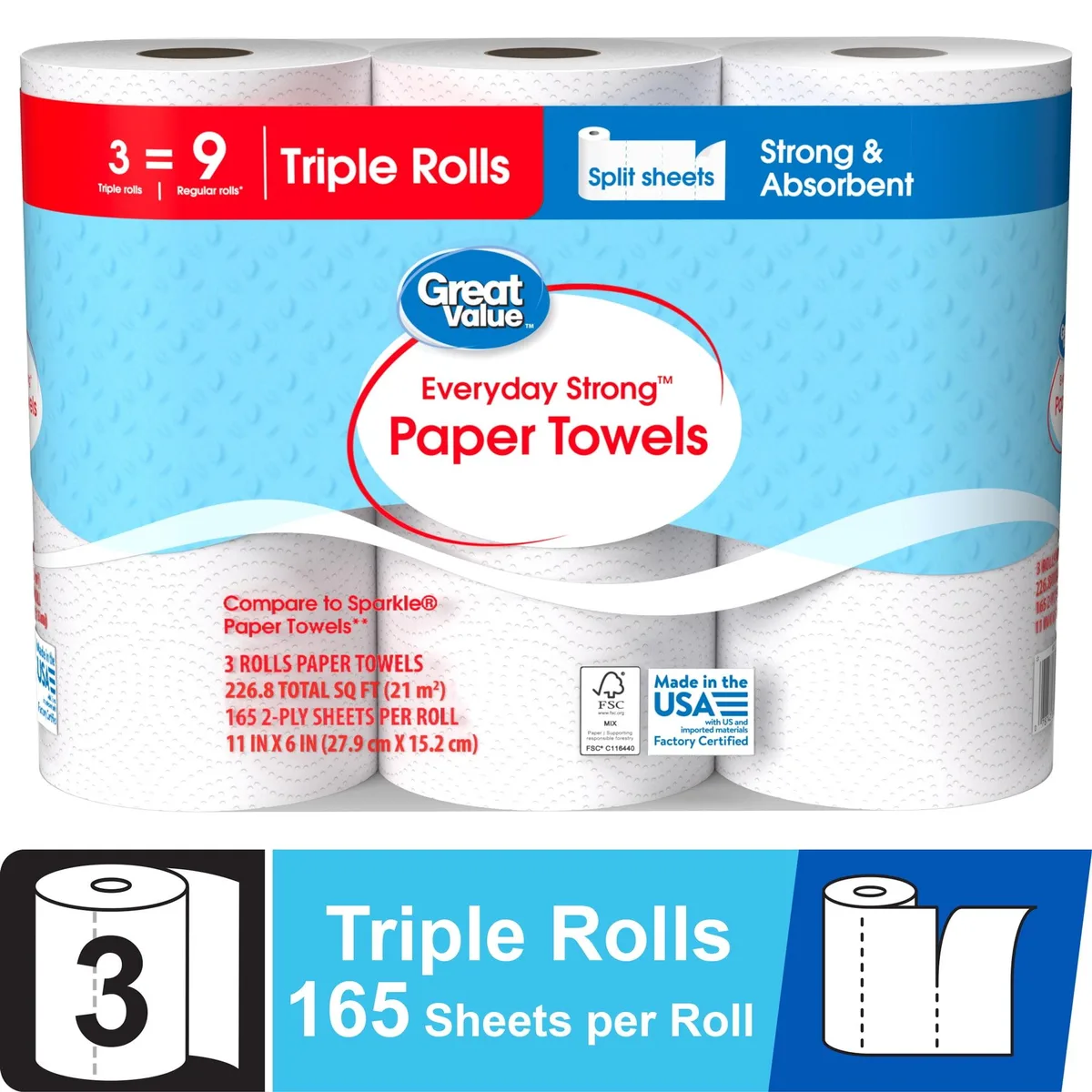 None Continuous None Continuous Great Value Paper Towels 3 Triple Rolls 495 Sheets — product photo