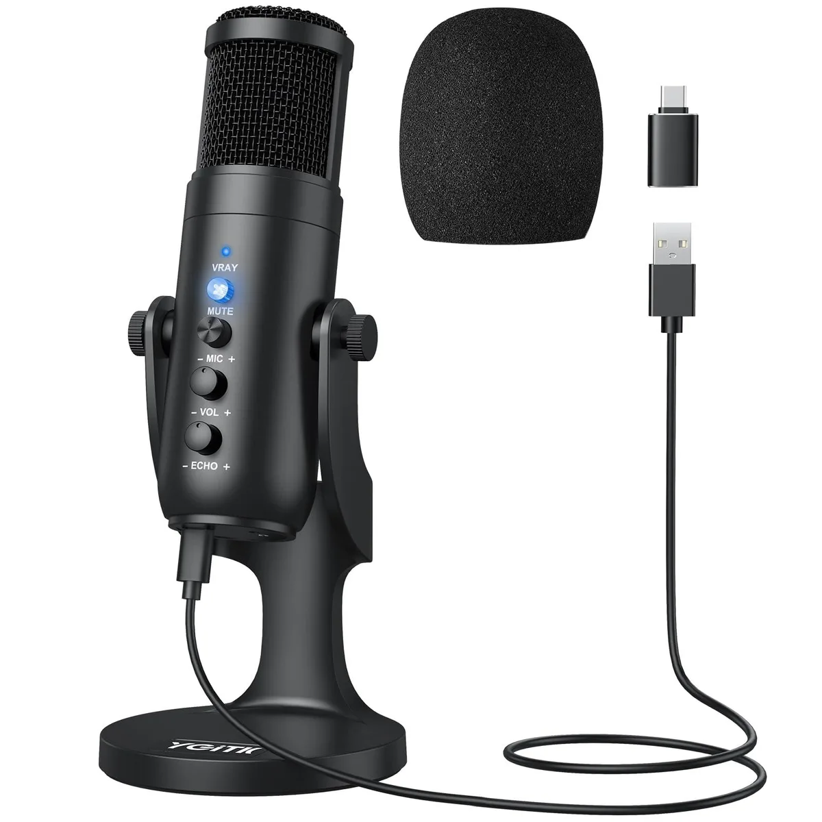 Cylindrical USB condenser mic on aluminium base with gain, volume, mute and headphone jack