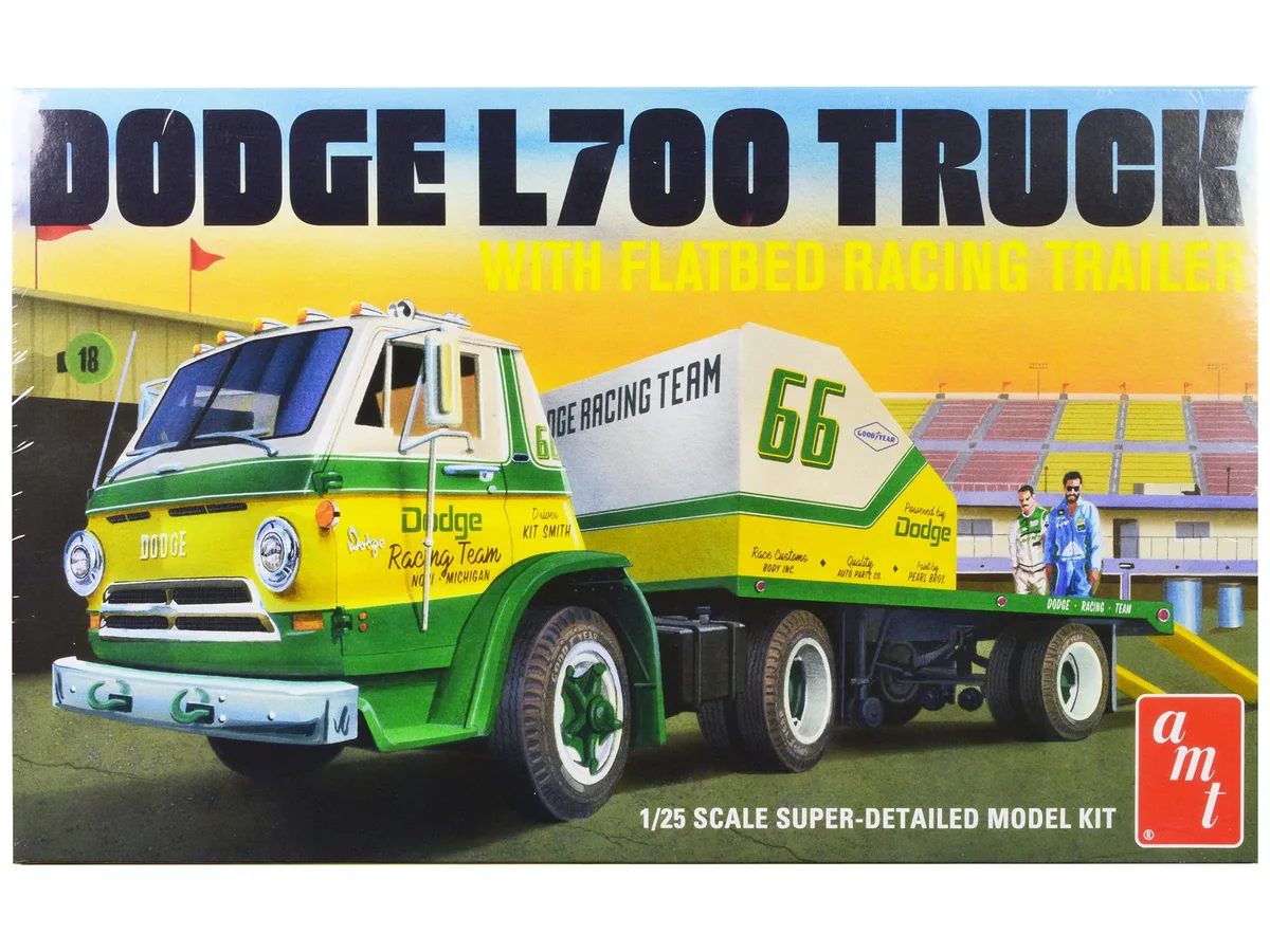 AMT AMT 1966 Dodge L700 Truck w/ Flatbed Racing Trailer 1/25 Scale Model Kit — product photo
