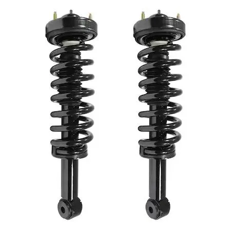 Two silver front strut assemblies with coil springs and top mounts on a plain background