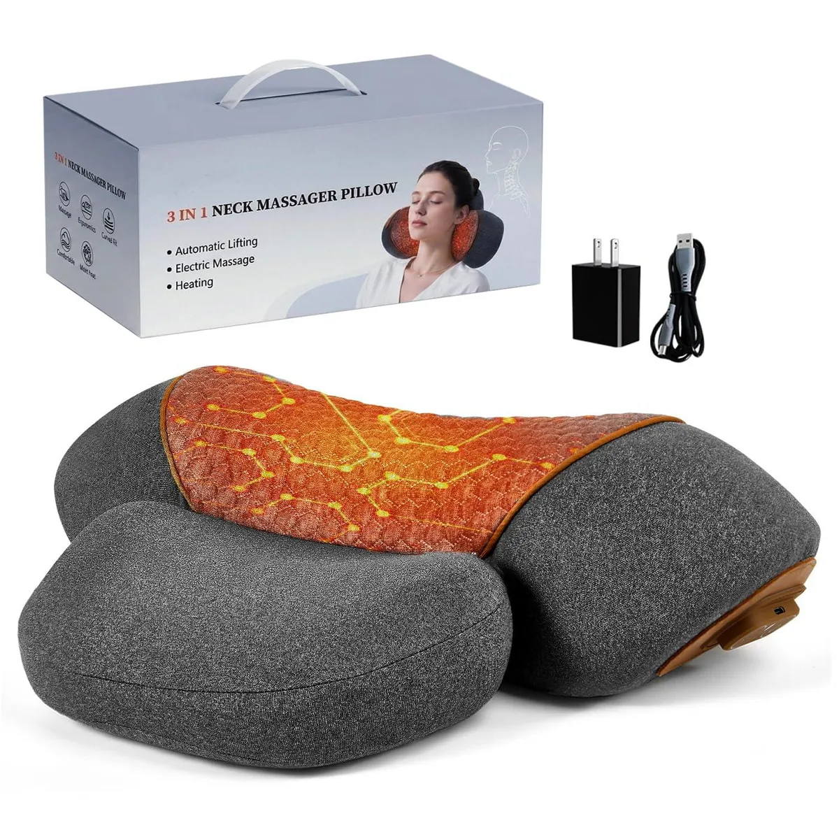Gray neck massager pillow with curved memory-foam shape, USB-C port and towel pad