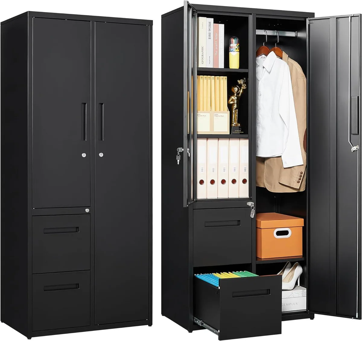 Tall black metal cabinet with two doors and two drawers, powder-coated finish, lockable, adjustable shelves and feet