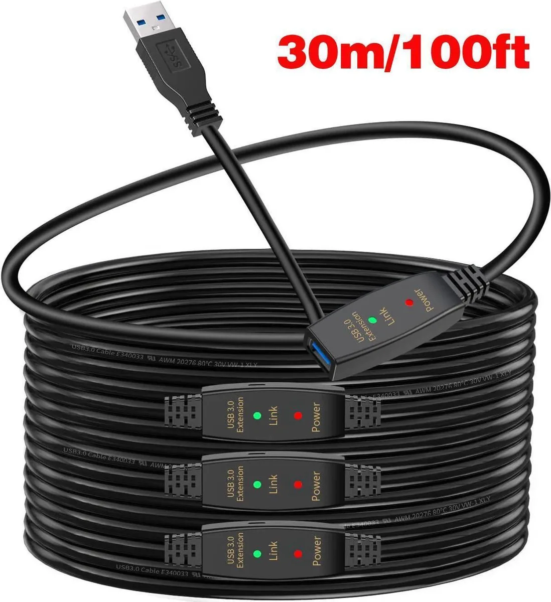 Long blue active USB 3.0 extension cable with signal booster, male and female Type-A connectors