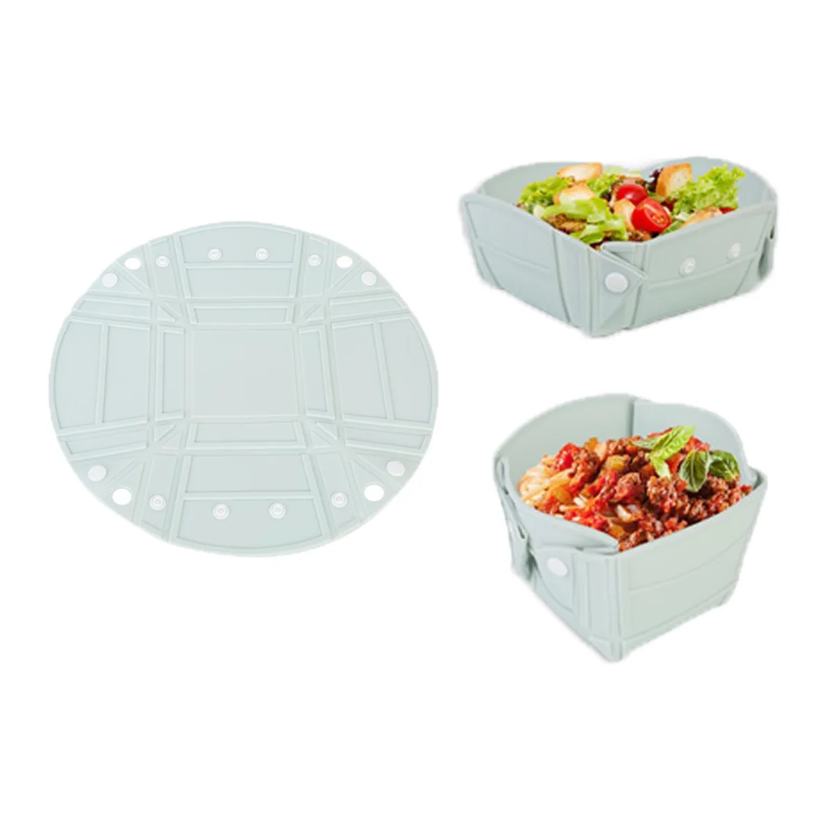 Light blue collapsible silicone bowl, round, folded flat