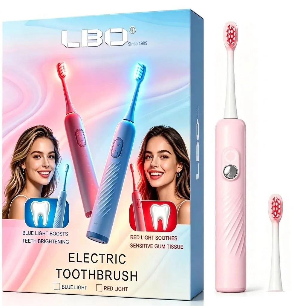 Gold electric toothbrush with red-light brush head, USB rechargeable, compact form