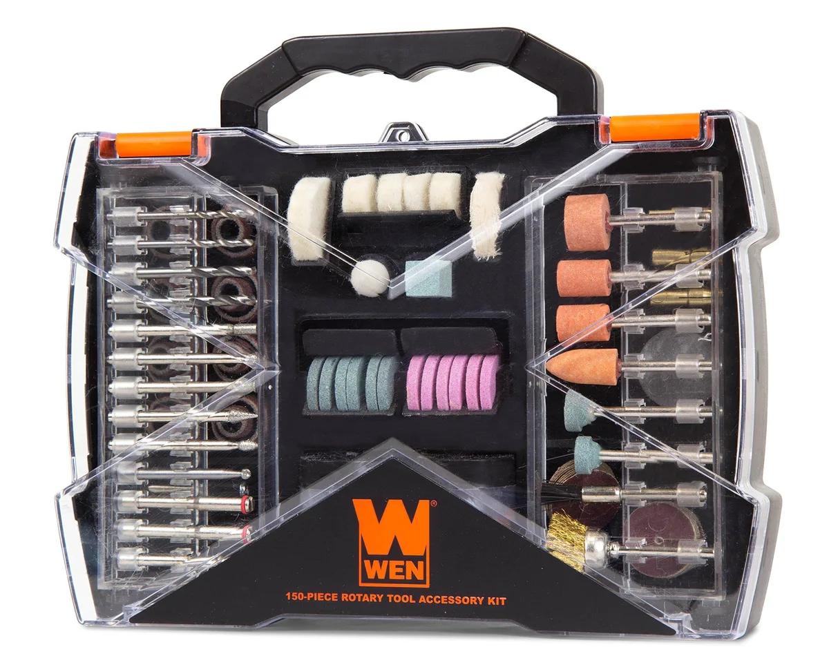 Plastic carrying case with chrome rotary tool accessories inside