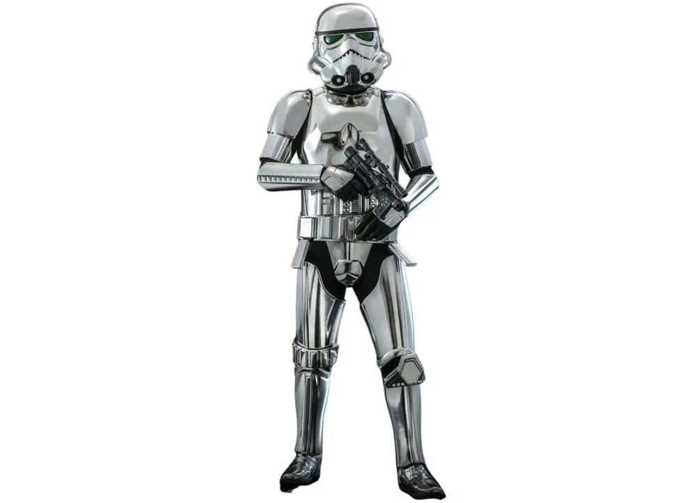 Hot Toys 1/6 scale Stormtrooper figure in chrome silver armour with fabric bodysuit, blaster rifle, pistol and hexagonal stand