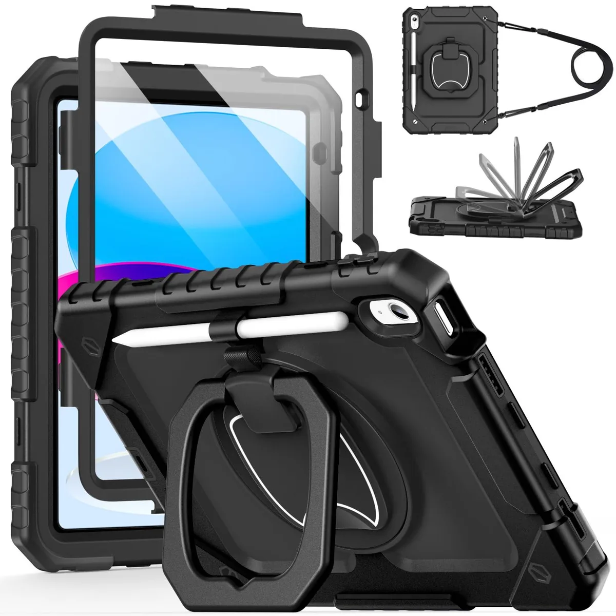  cantis iPad 11th/10th Gen Case Black Screen Protector Stand Strap — product photo