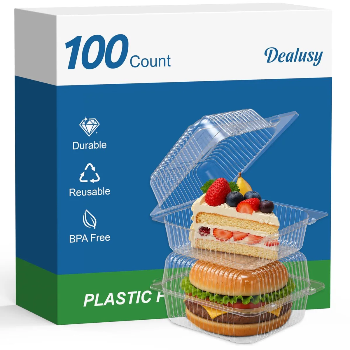 One hundred clear hinged clamshell containers in a red pack