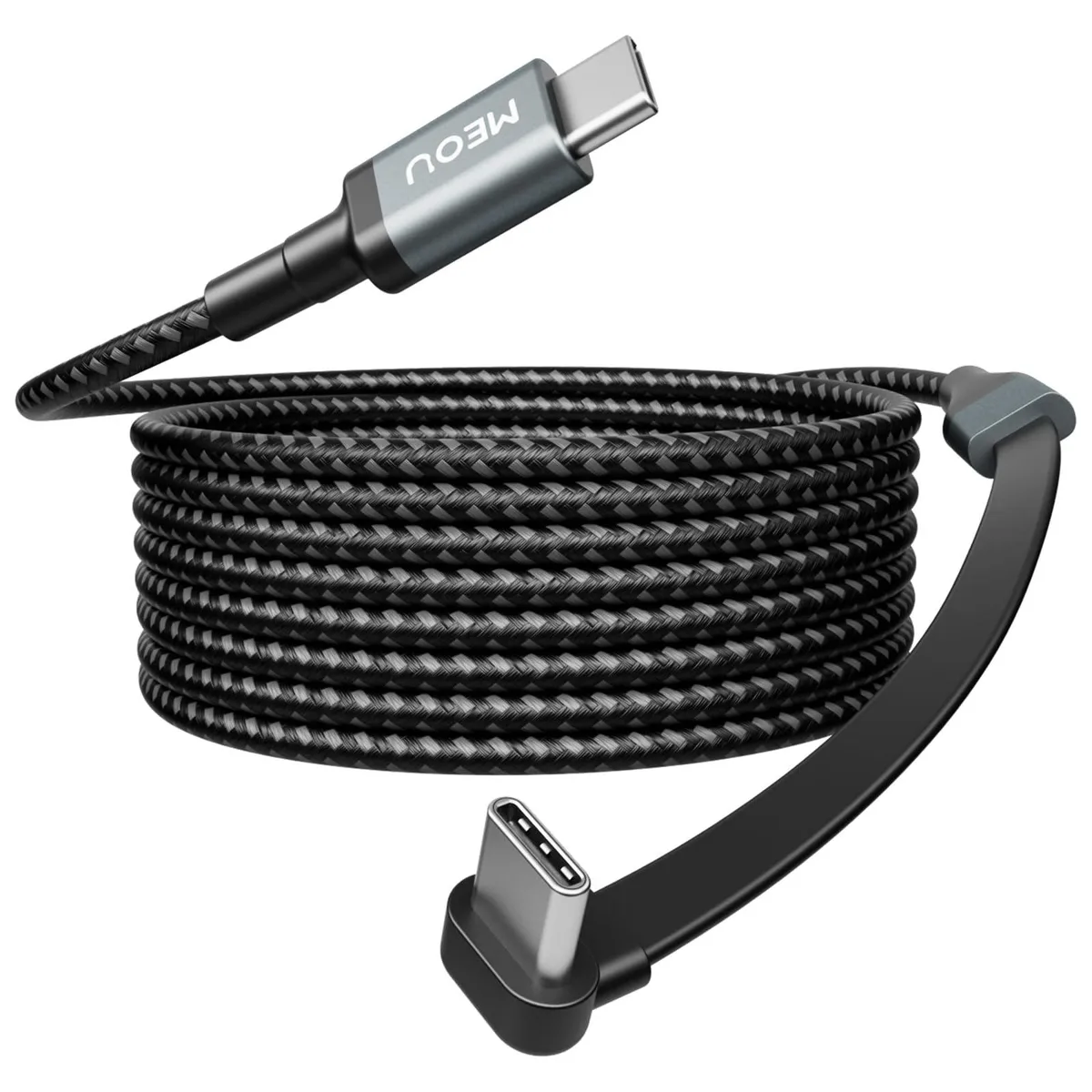 Orange nylon braided USB-C to USB-C cable with 90 degree connector, ten feet long