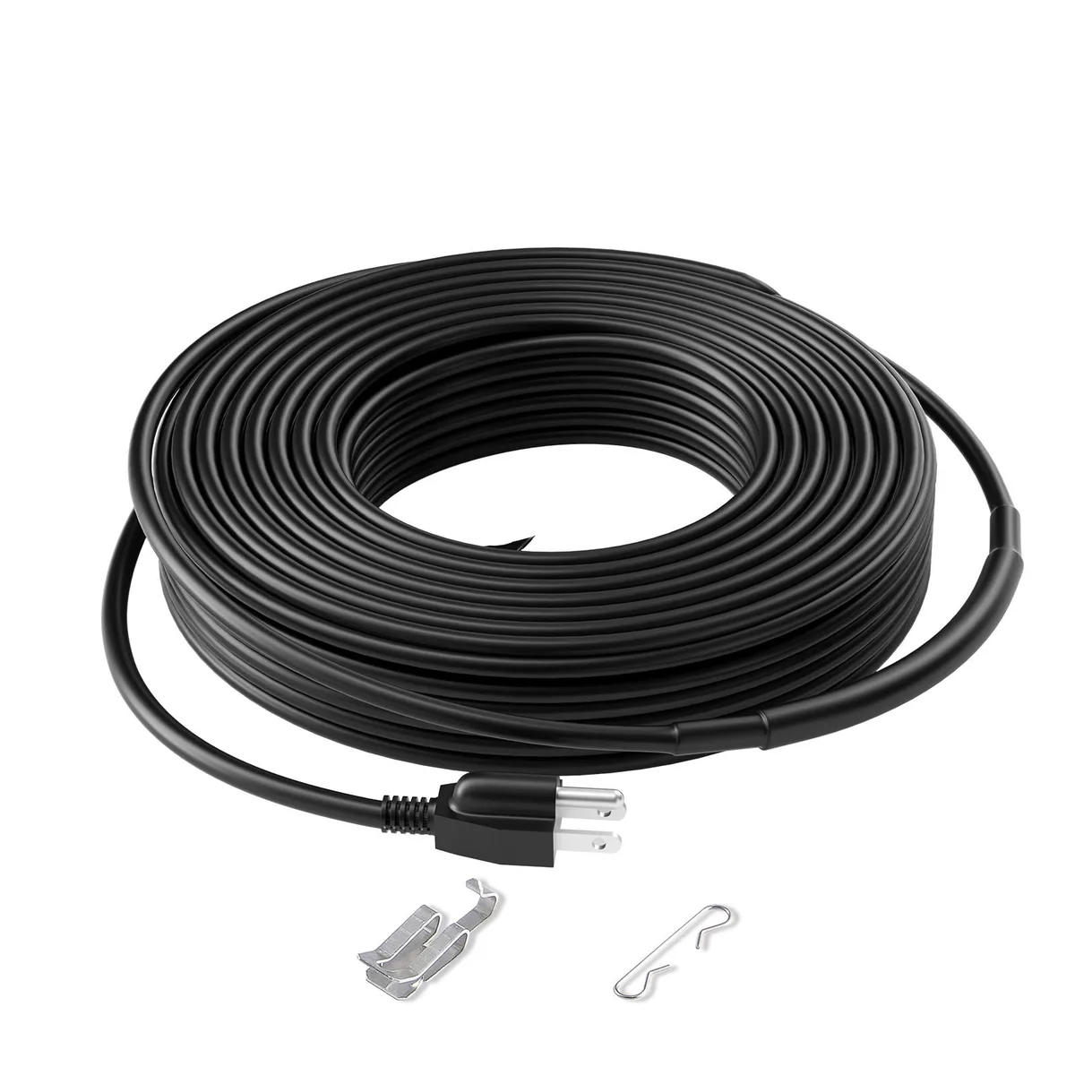 Coiled black heating cable with power cord and mounting clips