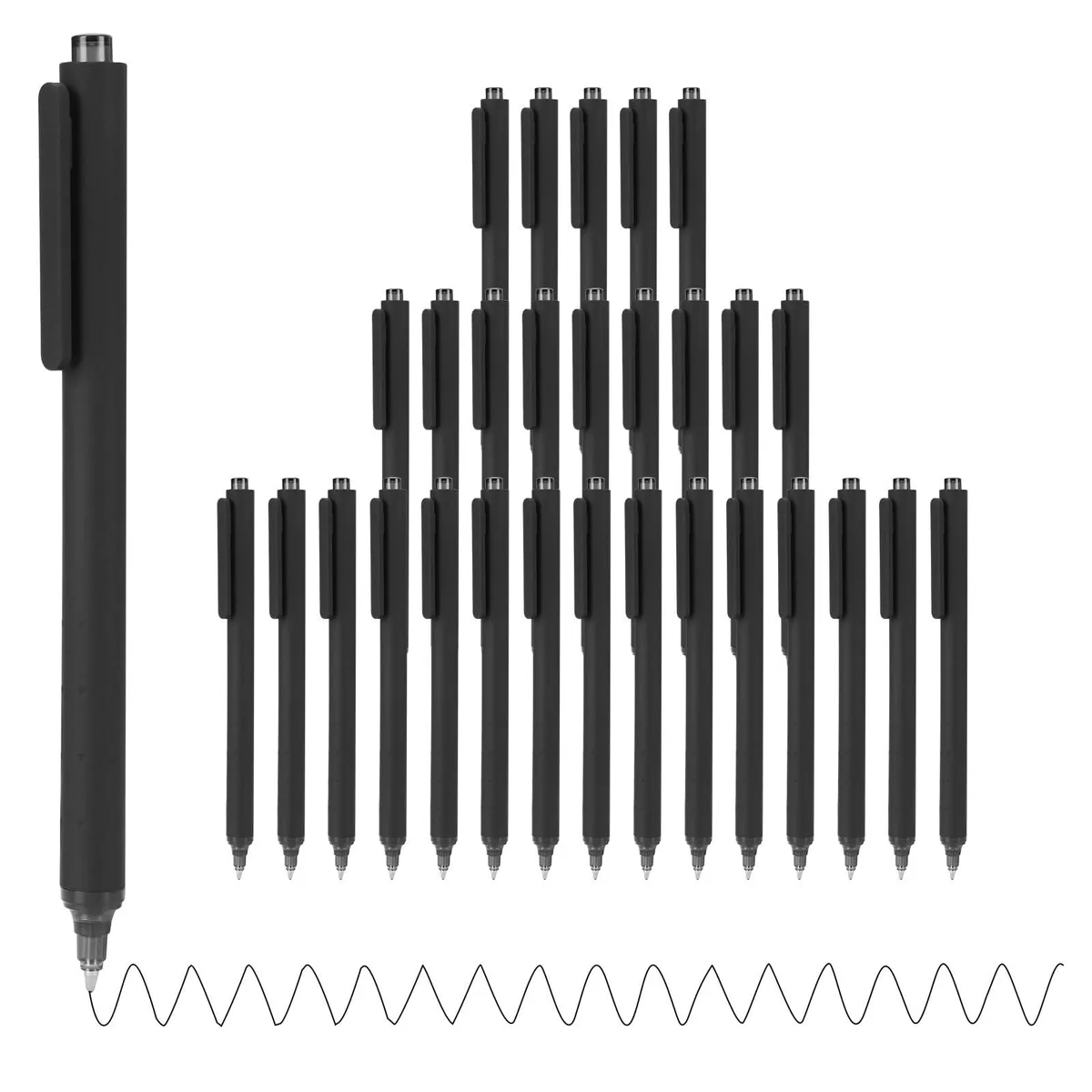 A boxed set of thirty black click pens with blue leather finish