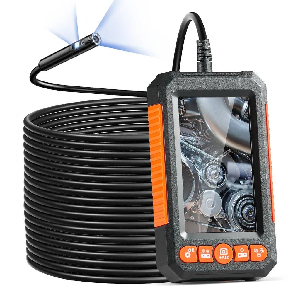 Handheld inspection camera with 4.3 inch IPS screen, 49.2 ft semi-rigid cable, dual 8mm lens head with LED ring